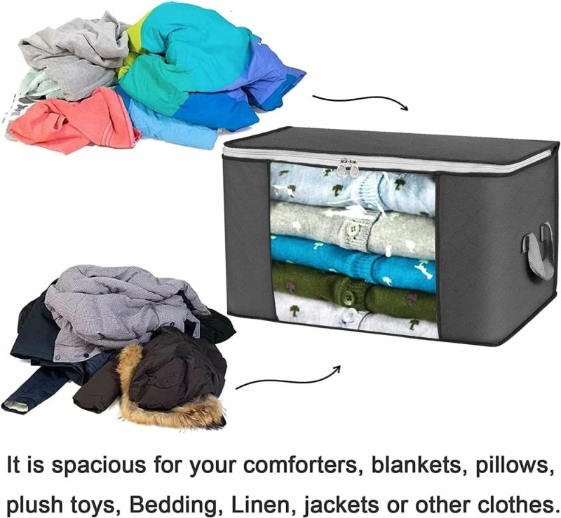 Storage & Organization |  Set Of 4 – Xlarge Capacity Clothes Storage Bags With Clear Window – Reinforced Handle – Foldable With Sturdy Zipper – Thick & Durable Fabric For Comforters Blankets Bedding Pillows Clothing Toys – Easy To Carry 24" X 16" X 14" Gray Home Decor & Cleaning Anyoneer