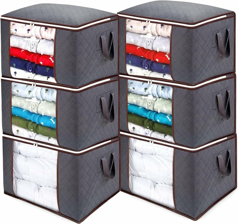 Storage & Organization |  Set Of 4 – Xlarge Capacity Clothes Storage Bags With Clear Window – Reinforced Handle – Foldable With Sturdy Zipper – Thick & Durable Fabric For Comforters Blankets Bedding Pillows Clothing Toys – Easy To Carry 24" X 16" X 14" Gray Home Decor & Cleaning Anyoneer