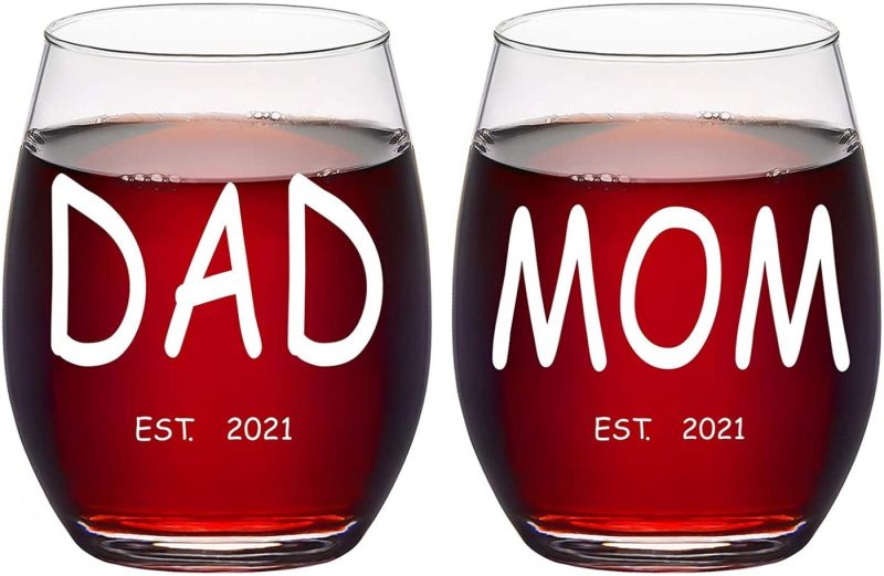 Glassware & Drinkware |  Dad And Mom Wine Glass Set – Est 2021 New Mom And Dad Stemless Wine Glass 15Oz Bar Tools & Drinkware Bar Tools & Drinkware