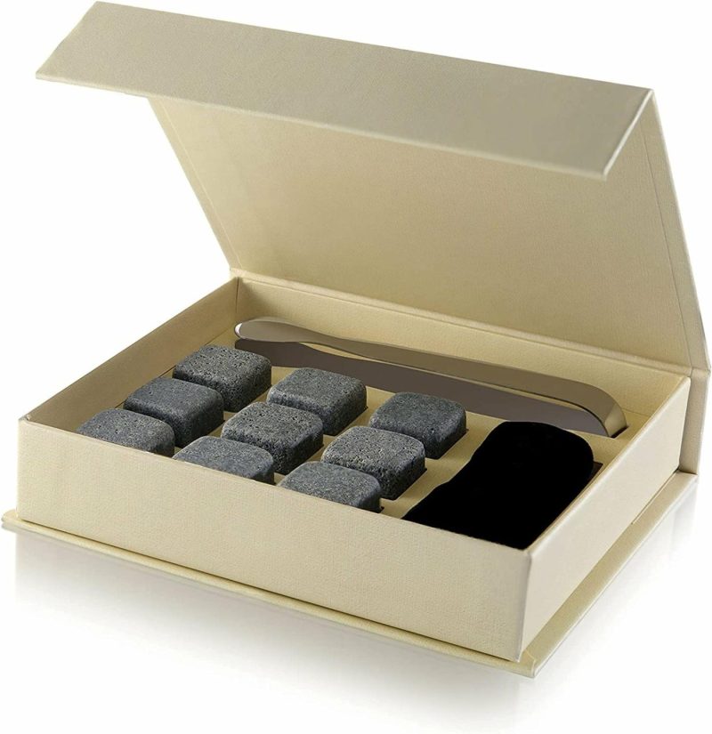 Kitchen & Dining |  Set Of 9 Grey Beverage Chilling Stones [Chill Rocks] Whiskey Stones For Whiskey And Other Beverages – In Gift Box With Velvet Carrying Pouch – Made Of 100% Pure Soapstone – By Quiseen Home Decor & Cleaning Kitchen & Dining