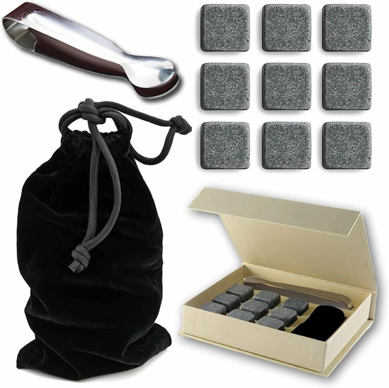 Kitchen & Dining |  Set Of 9 Grey Beverage Chilling Stones [Chill Rocks] Whiskey Stones For Whiskey And Other Beverages – In Gift Box With Velvet Carrying Pouch – Made Of 100% Pure Soapstone – By Quiseen Home Decor & Cleaning Kitchen & Dining