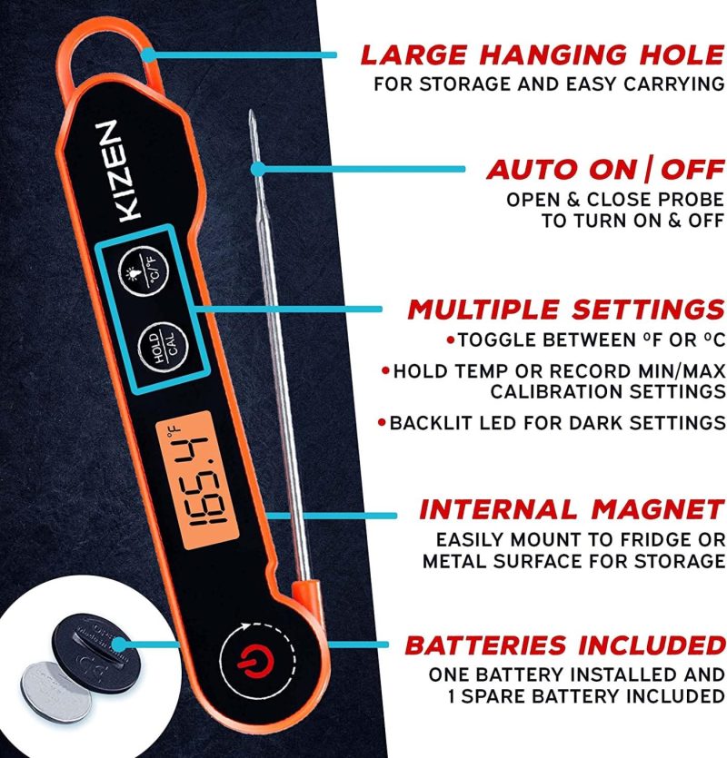 Kitchen Utensils & Gadgets |  Kizen Digital Meat Thermometers For Cooking – Waterproof Instant Read Food Thermometer For Meat, Deep Frying, Baking, Outdoor Cooking, Grilling, & Bbq (Orange/Black) Home Decor & Cleaning Kitchen & Dining