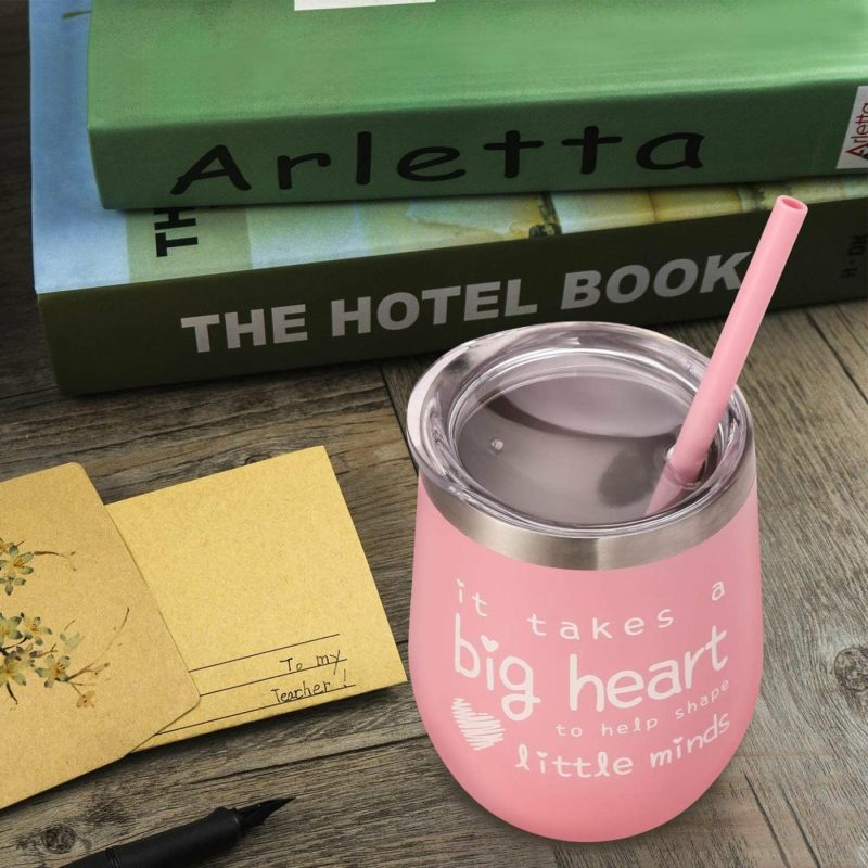 Wine Accessories |  Teacher Appreciation Gifts – Teacher Gifts For Wine Glass Tumbler – It Takes A Big Heart To Help Shape Little Minds – Best Teacher Gifts From Student – Pink, 12 Oz Bar Tools & Drinkware AOZITA