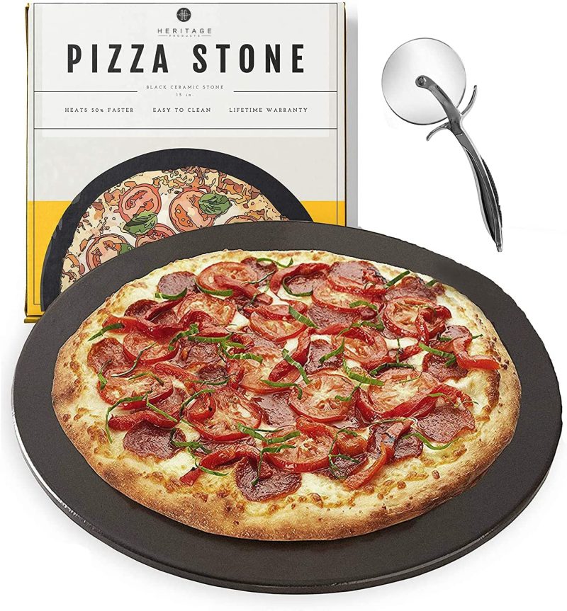 Kitchen & Dining |  Heritage Pizza Stone, 15 Inch Ceramic Baking Stones For Oven Use – Non-Stick, No Stain Pan & Cutter Set For Gas, Bbq & Grill – Kitchen Accessories & Housewarming Gifts W/ Bonus Pizza Wheel – Black Bakeware Bakeware