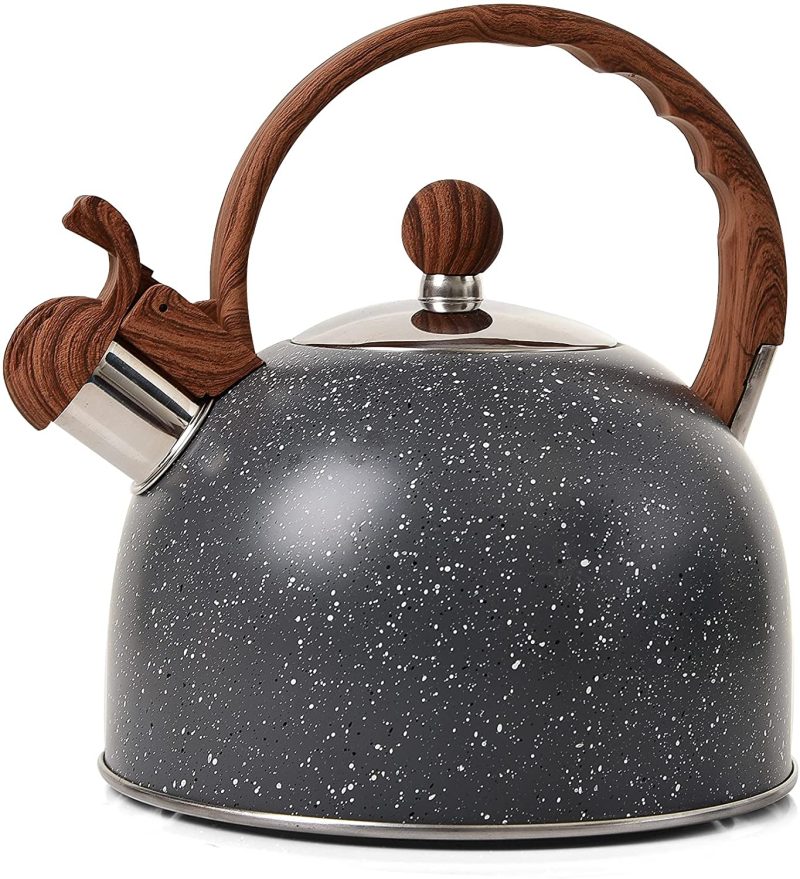 Kitchen & Dining |  Tea Kettle – Voniki 2.5 Quart Tea Kettles Stovetop Whistling Teapot Stainless Steel Tea Pots For Stove Top Whistle Tea Pot With Wood Pattern Anti-Hot Handle Teakettle Black Cookware B Grey