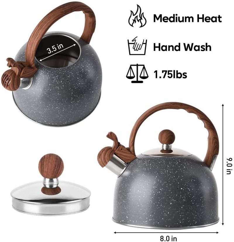 Kitchen & Dining |  Tea Kettle – Voniki 2.5 Quart Tea Kettles Stovetop Whistling Teapot Stainless Steel Tea Pots For Stove Top Whistle Tea Pot With Wood Pattern Anti-Hot Handle Teakettle Black Cookware B Grey