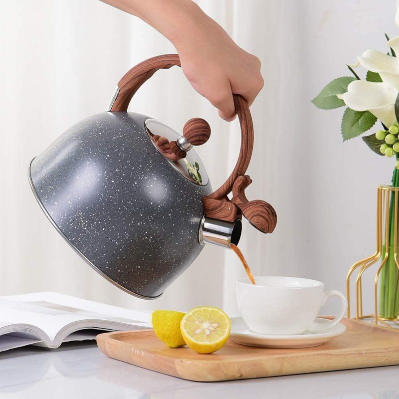 Kitchen & Dining |  Tea Kettle – Voniki 2.5 Quart Tea Kettles Stovetop Whistling Teapot Stainless Steel Tea Pots For Stove Top Whistle Tea Pot With Wood Pattern Anti-Hot Handle Teakettle Black Cookware B Grey